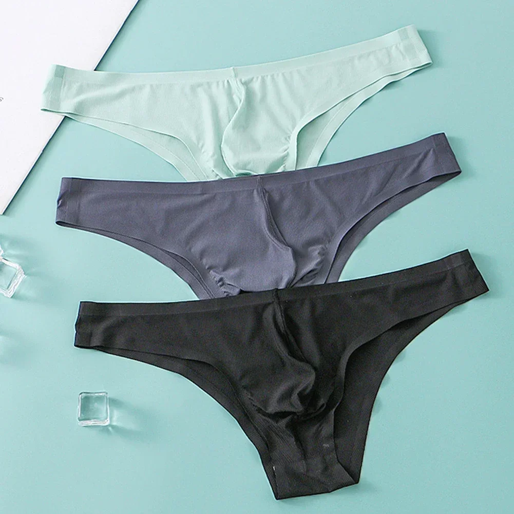 1pc Fashion Men Ice Silk Sexy Briefs Shorts Men Panties Pouch G-String Solid Color Low-Rise Underwear Soft Lingerie Brief