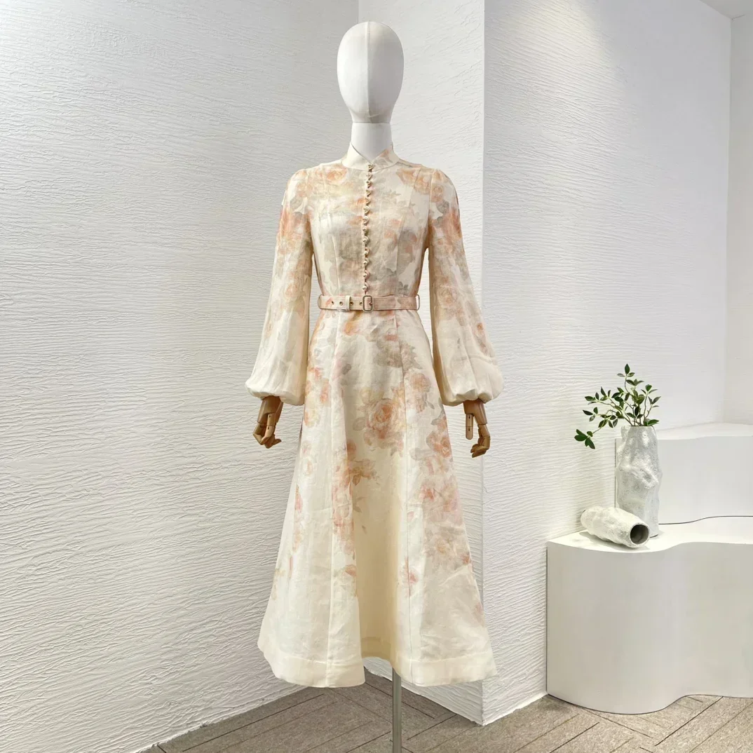 New 2025 Beige Linen High Quality Hot Classic A-line Floral Print Collection Women Long Sleeve Midi Dress for Holiday