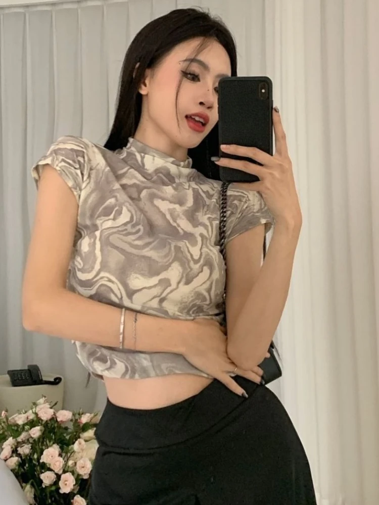 Y2k Aesthetic Vintage Tie-dye Cropped T-shirt Women Streetwear Half High Collar Grunge Tshirts Harajuku Slim Fit Pleated Tees