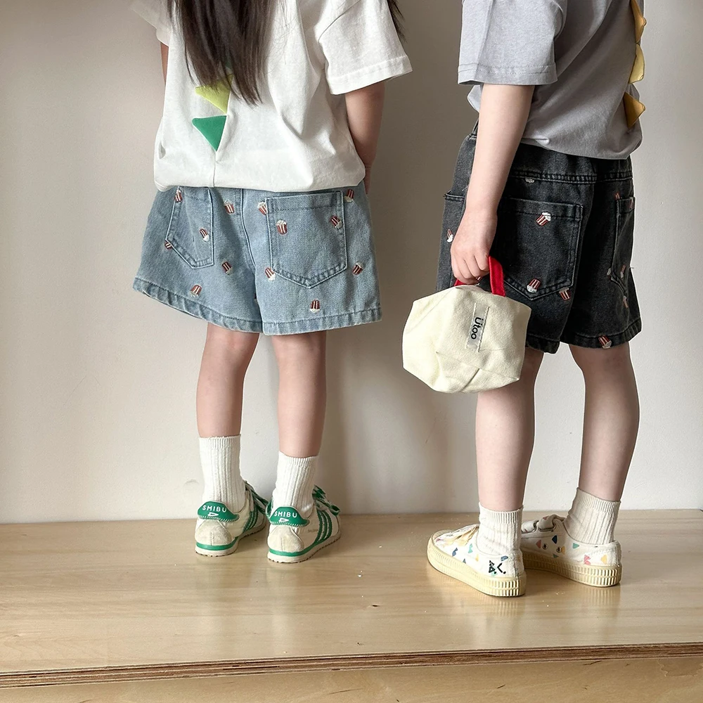 2025 جديد الصيف الاطفال الدنيم السراويل ل 1-10 سنة بنين بنات الفشار التطريز مرونة الخصر عادية طول الركبة السراويل #2