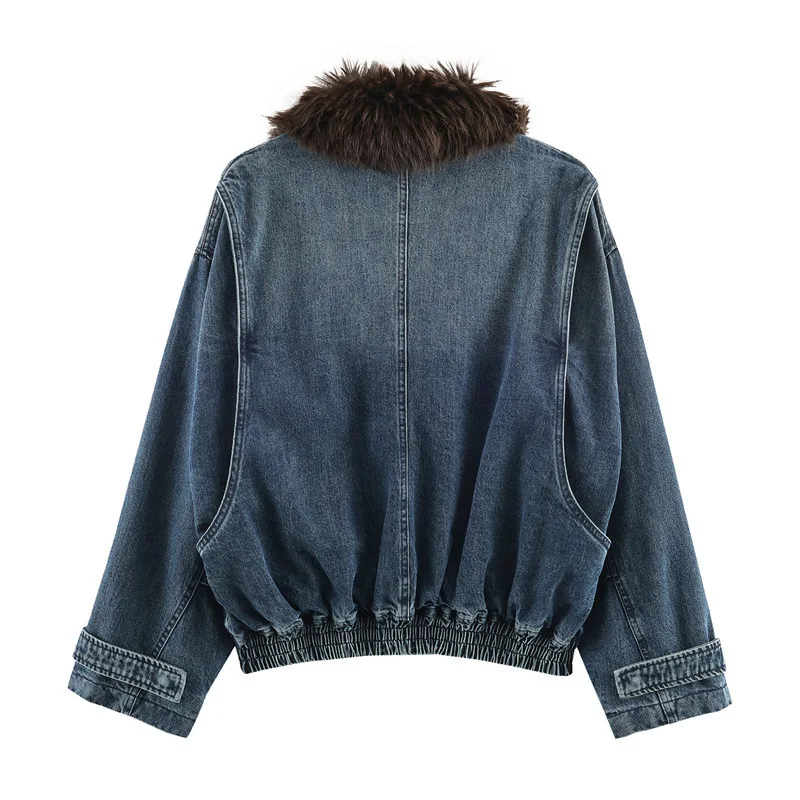 ANJY Autumn Winter New Women American High Street Fashion Casual Denim Jacket High-End Chic Flocking On The Neckline Coat A17747