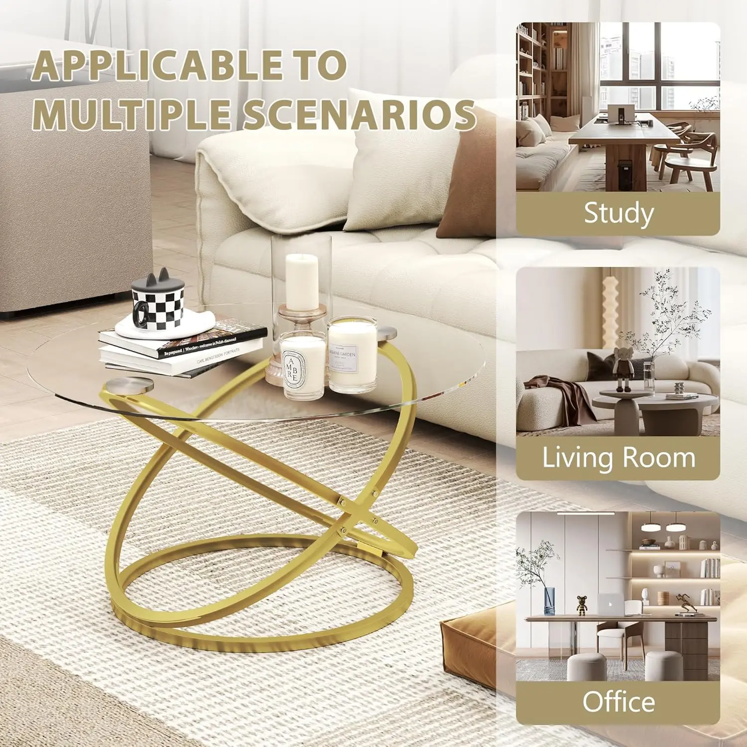 Glass Coffee Table, Round Ring Gold Metal Frame, Large Modern Minimalist Coffee Table For Decoration