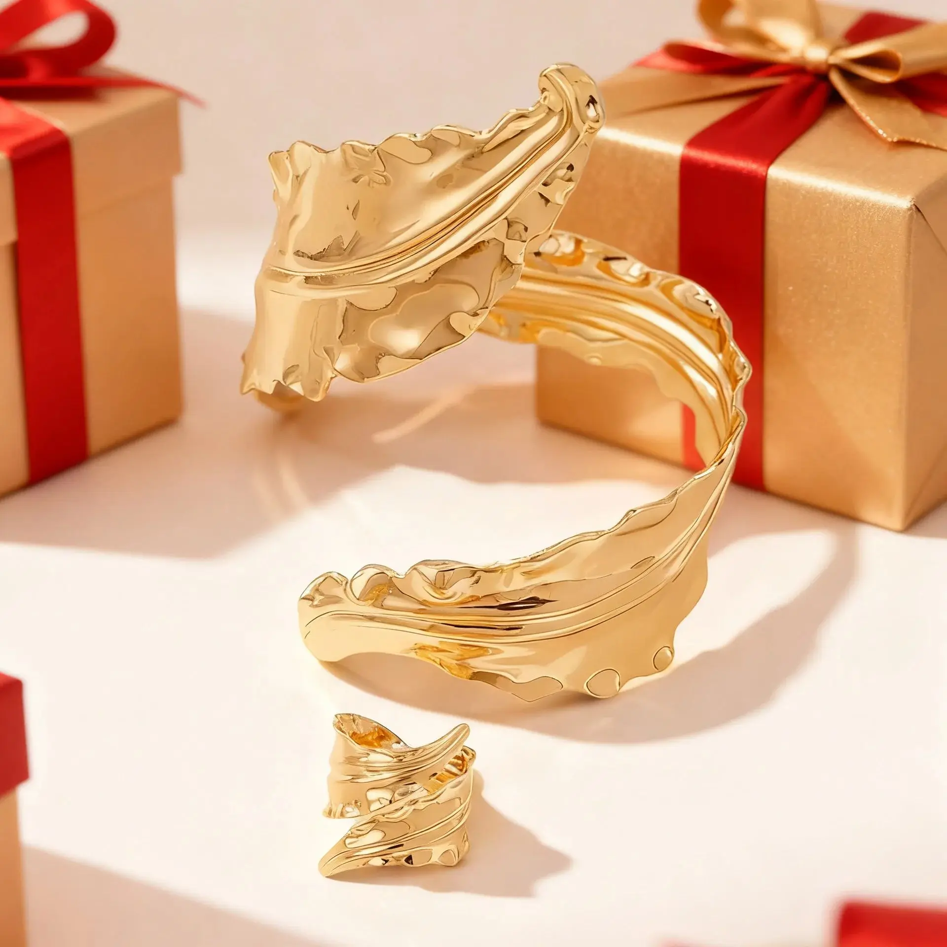 Bohemian Wrinkle Leaf Bracelet Ring Set for Women Artistic Elegant Adjustable Nature Style Jewelry Party Jewelry Accessories