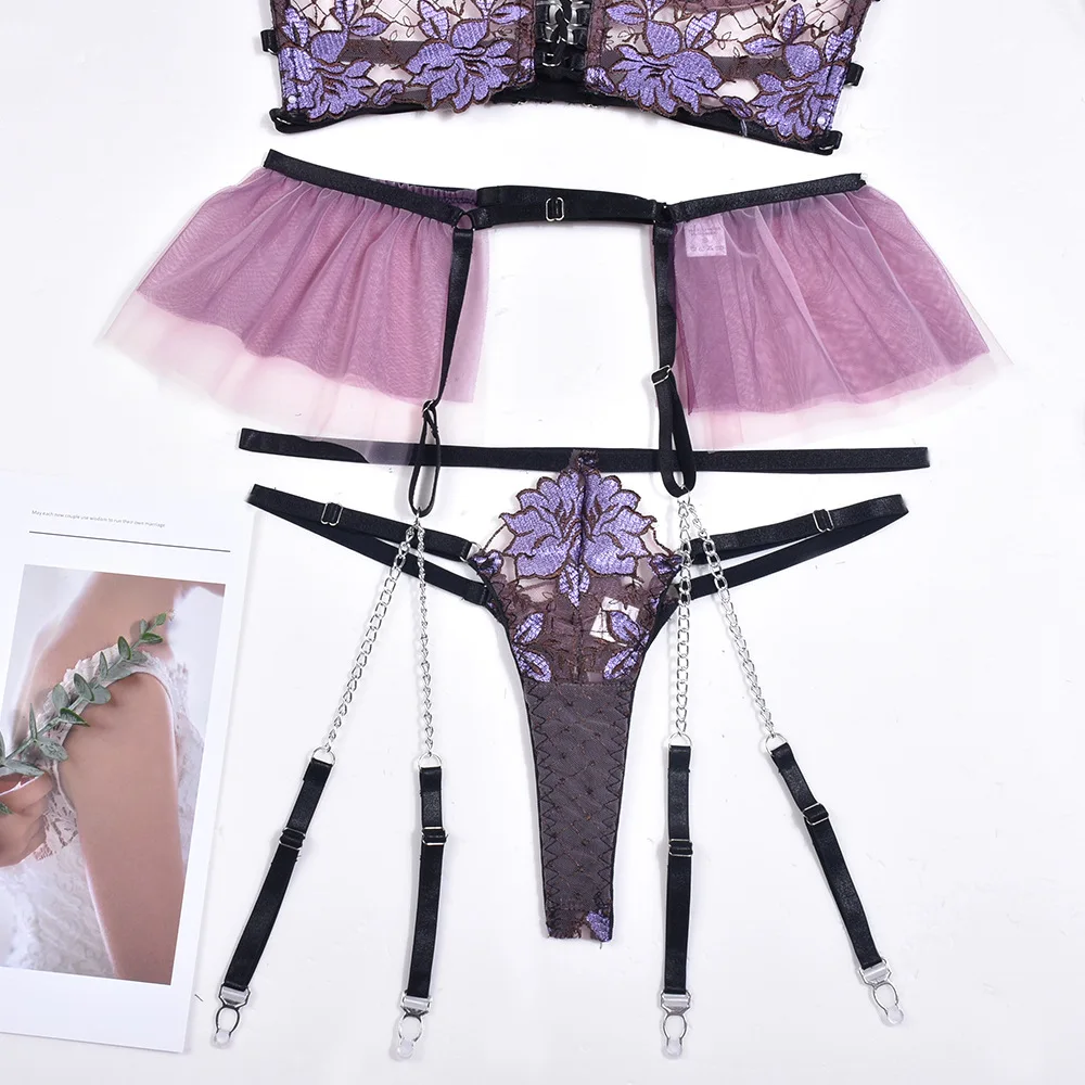 Brskbzda Fancy Lingerie Set Floral Sexy Porn Underwear Women Body Ruffle Garters Briefs Transparent Bra Chic Sexy Costume 3Piece