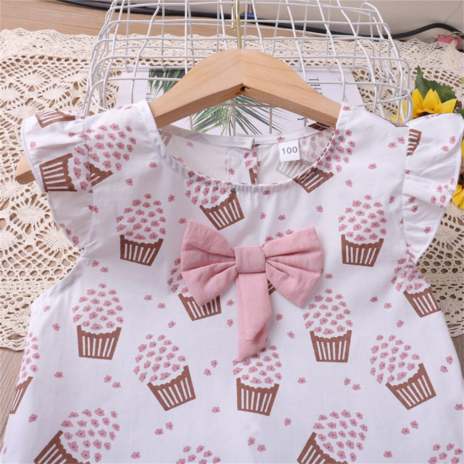 1 2 3 4 5 6 anni Set di abbigliamento per ragazze senza maniche Summer Ice Cream Bow Top t-shirt + pantaloni 2 pezzi Suit Toddler abbigliamento per