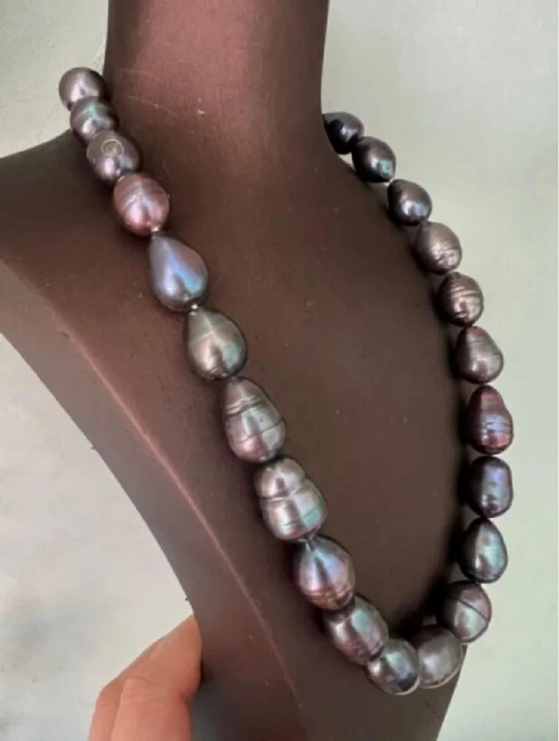 

stunning 11-13mm tahitian baroque black green pearl necklace 18inch 925s