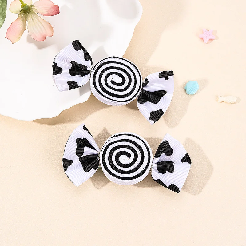 2Pcs Lovely Candy Hair Bows Clips For Girls Ribbon Cow Print Hairpins Headwear Kids Barrettes Delicate Hair Accessories