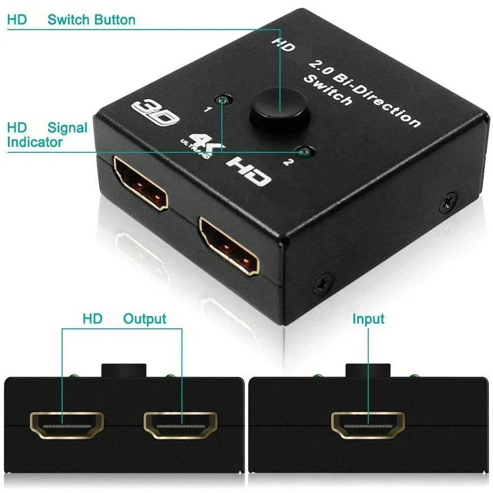 4K 60Hz HD-Compatible Switch 2 Port 2x1 1x2 Out Video Splitter for Laptop PC Xbox PS4 5 TV Box to Monitor TV Projector Adapter