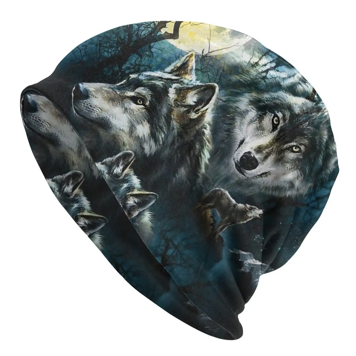 The Moon And Wolf Skullies Beanies Caps Cool Winter Warm Women Men Knitting Hats Unisex Adult Wolves Howling Bonnet Hats