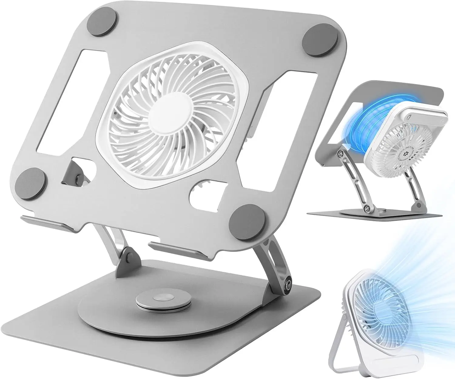 

Adjustable Laptop Cooling Stand with Detachable Fan, 360 Rotating Base, Ultra-Quiet for up to 16" Laptops - Silver
