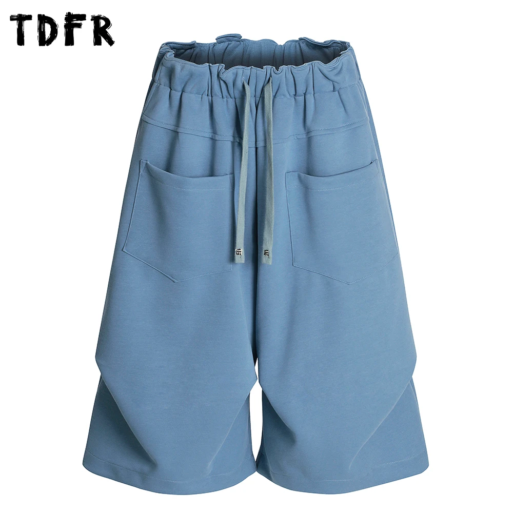 

Solid Color Pleated Sweat Shorts Mens Pocket Summer Casual Streetwear Elastic Waist Loose Wide Leg Sports Short Pants Men