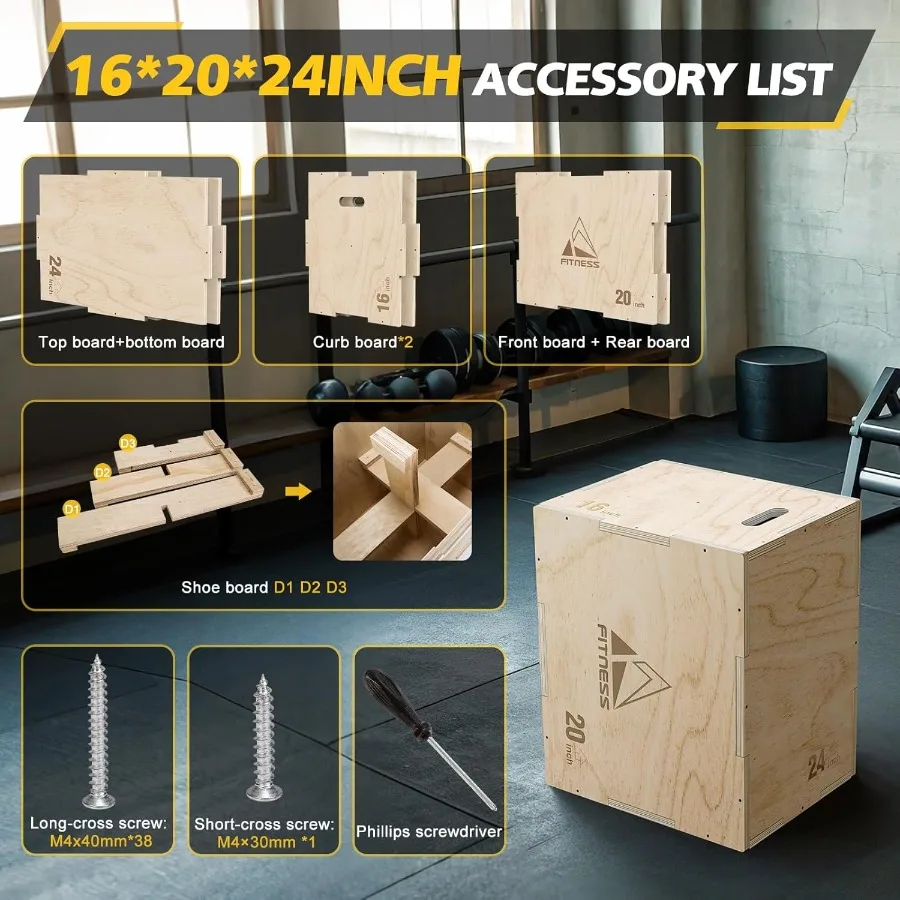 Boîte Plyo en bois 3 en 1 pour l'entraînement de gymnastique à domicile: boîte à sauter stratifométrique avec planche de 18 mm d'épaisseur, capacité de poids de 450 lb, hauteur réglable