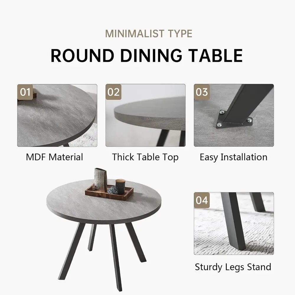 Compact 34.6 Grey Round Dining Table with 2 Brown Chairs, Modern Space-Saving Casual Set for Apartments