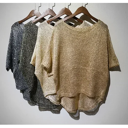 Shiny Sequin pullovers Women short Sleeve Pullover tops women Golden Basic Shirt Sequin Knit Tops