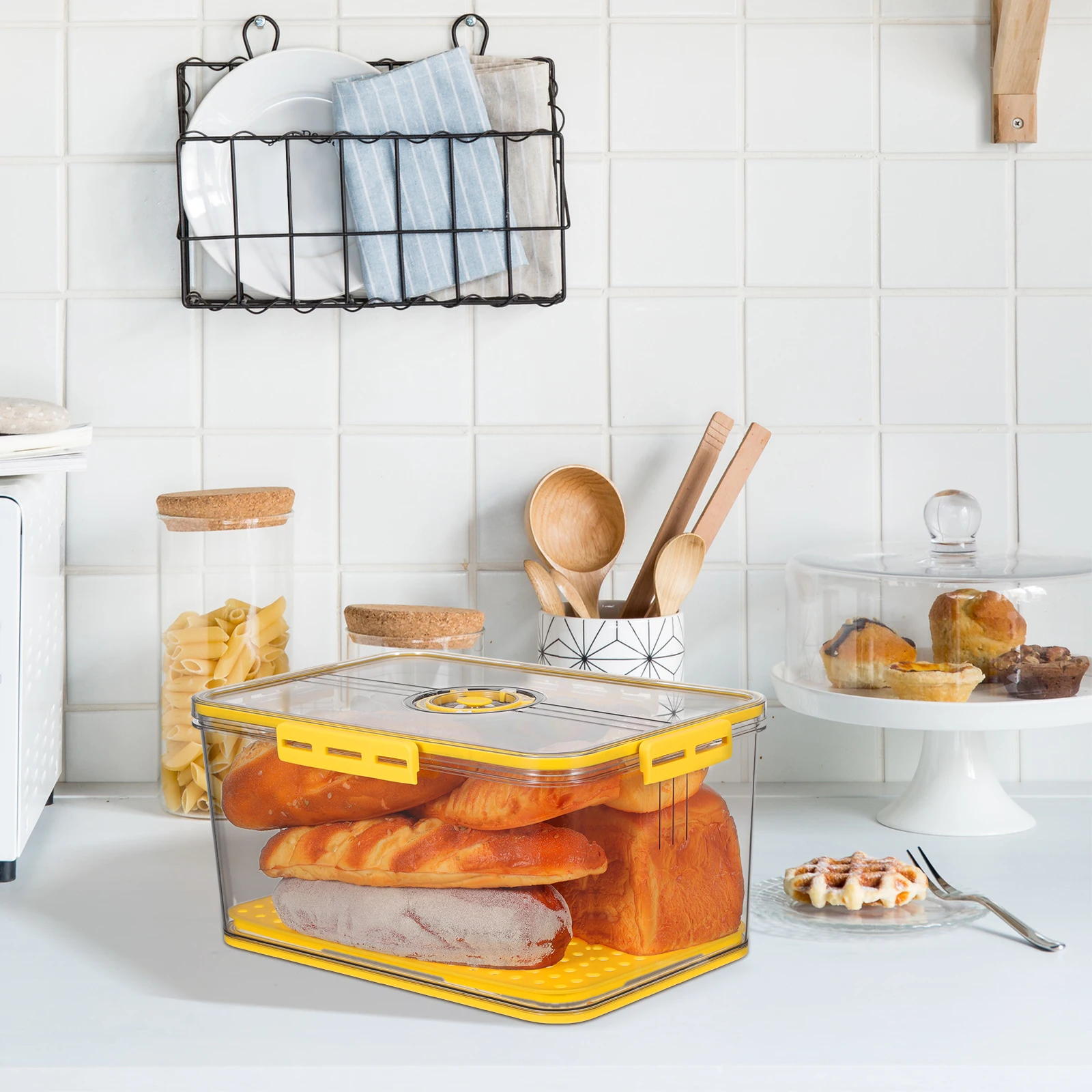 

Stackable Transparent Fridge Organizer Food Airtight Lid Drain Fresh Keeping Pantry Produce Container Bread Fruit Keeper Meat