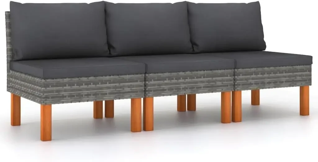 Patio Sofa 3 Piece Set, Outdoor Middle Sofas 3 Pcs with PE Rattan and Solid Eucalyptus Wood, Powder-Coated Steel Frame, Removabl