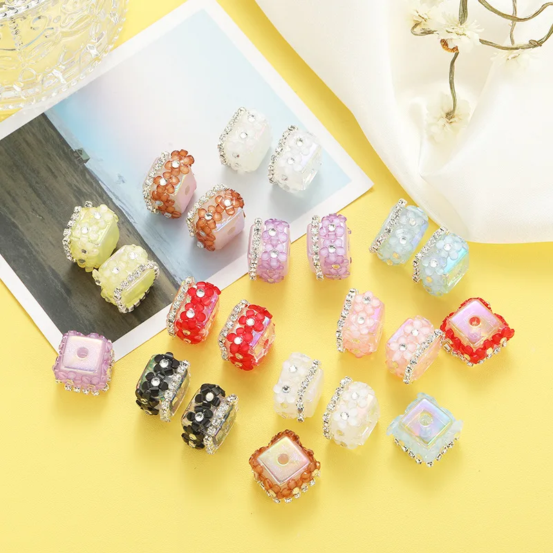 

Acrylic Flowers Crystal Rhinestones Paved Jewelry Geometry Square Cube Beads Fit Bracelet Necklace Earring Pen DIY 16mm 15pcs