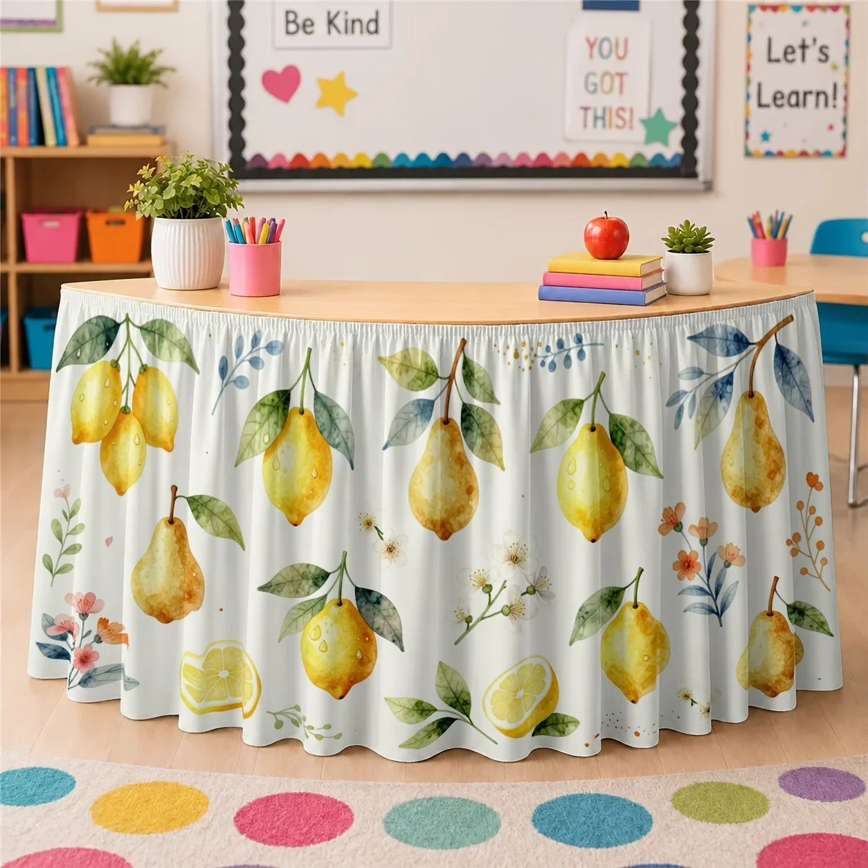 One table skirt. Lemon and pear flower print table skirt. Polyester watercolor plants fresh look.
