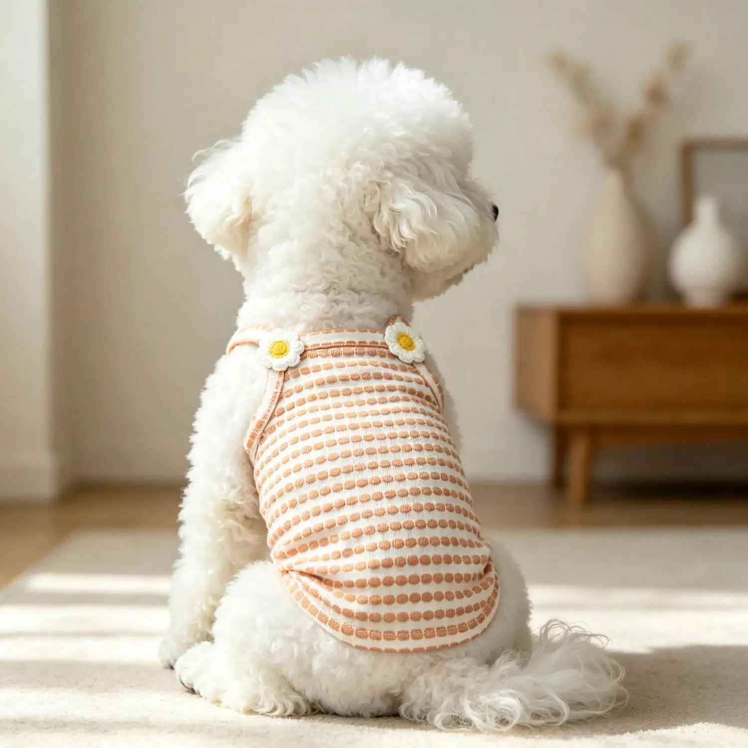 1 Stück gestreiftes Strick-Hundetanktop mit 3D-Frucht-Blumen-Ornament, atmungsaktive Welpenweste für kleine Hunde – Detail 1