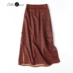 35MM Luxury Red Cloud Satin 100%Natural Mulberry Silk Fragrant Cloud Yarn New Chinese Jacquard Button Women's Hip Wrap Skirt