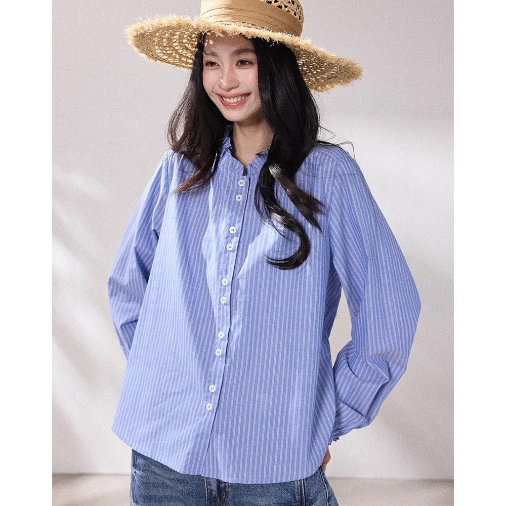 

engdu Spring 2026 New Korean Sle irt Stand Collar Slimming Stripe Design Casual Loose Fit Long Sve Cotton Top