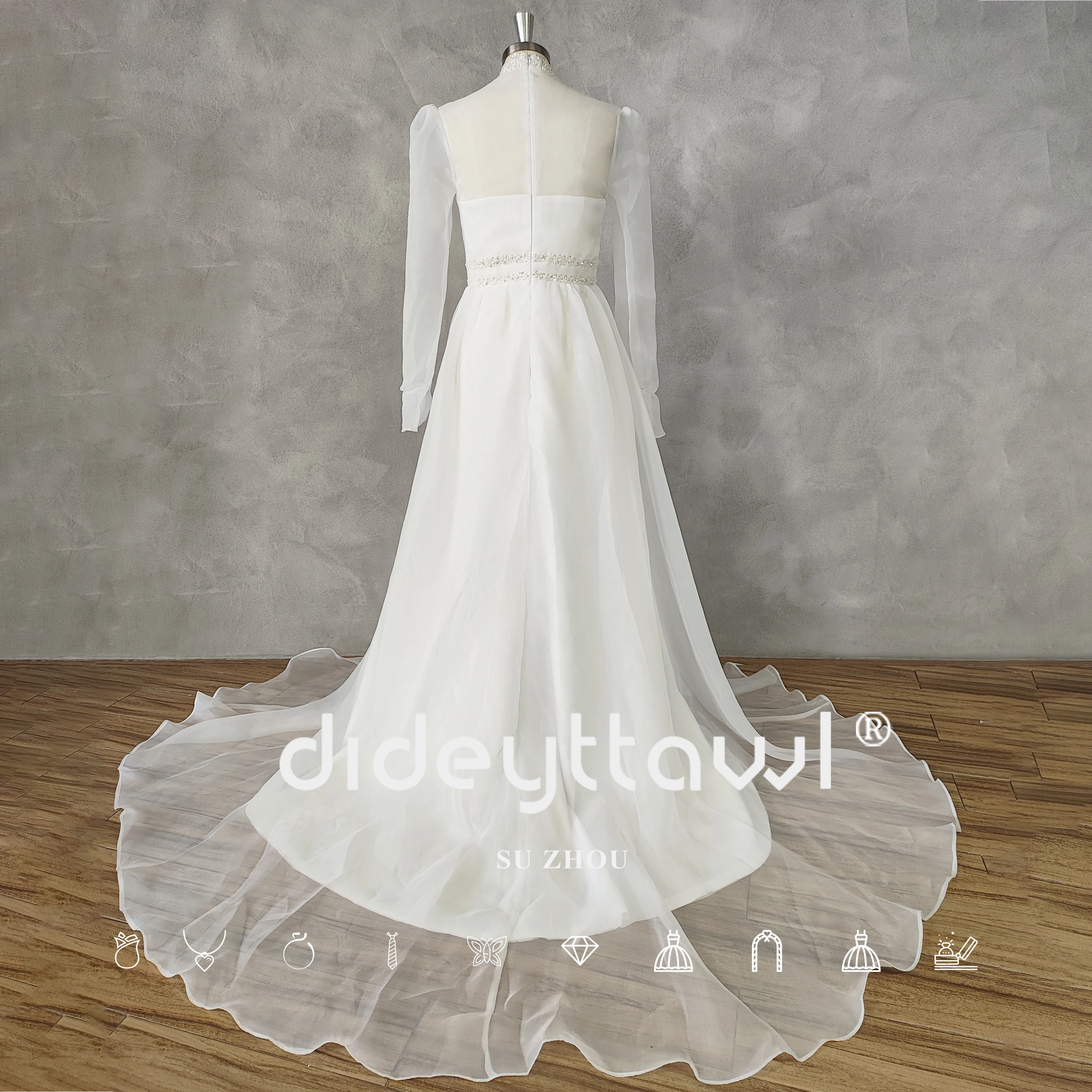 DIDEYTTAWL Real Picture High-Neck A-Line Long Puff Sleeves Organza Wedding Dress Illusion Back Court Train Bridal Gown