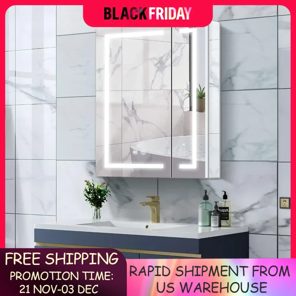 LED Bathroom Mirror Cabinet,24×28inch,Equip, USB Shaver Socket, Dimmer,Demister,Surface Mounted and Recess Mounted