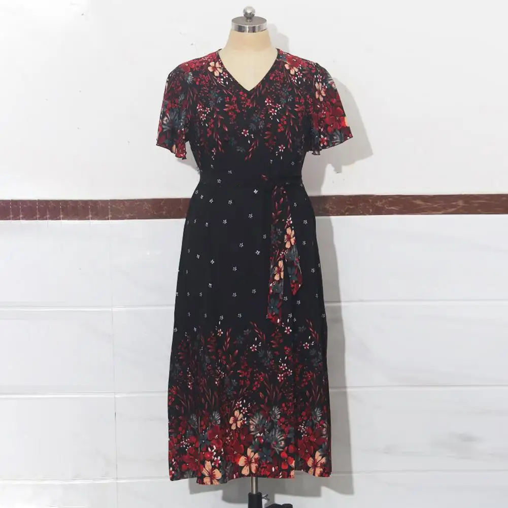 Vestido de talla grande con cuello en V para mujer, estampado Floral, línea A, cinturón con cordones, cuello en V, talla grande, largo hasta el tobillo, fiesta de graduación