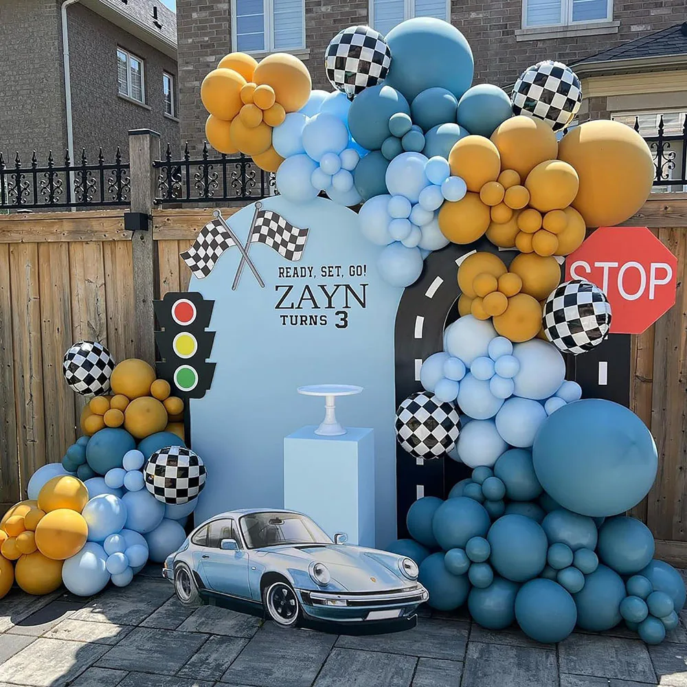Blaues Ballon-Girlanden-Set, staubfliegender, babyblauer und gelber karierter Ballon, geeignet für Rennwagen, zwei schnelle Hot Wheels, Jungen-Geburtstagsparty-Zubehör, Dekoration, Babyparty,