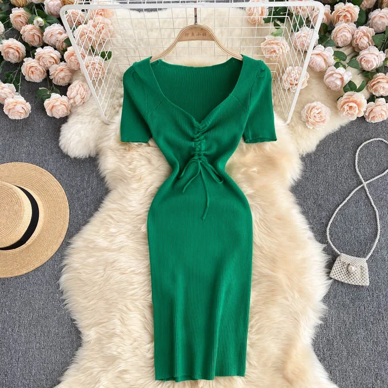 Women Korean Knitted Dress Design Drawstring V Neck Short Sleeve Elastic Slim Dress Summer Sexy Bodycon Short Sundress