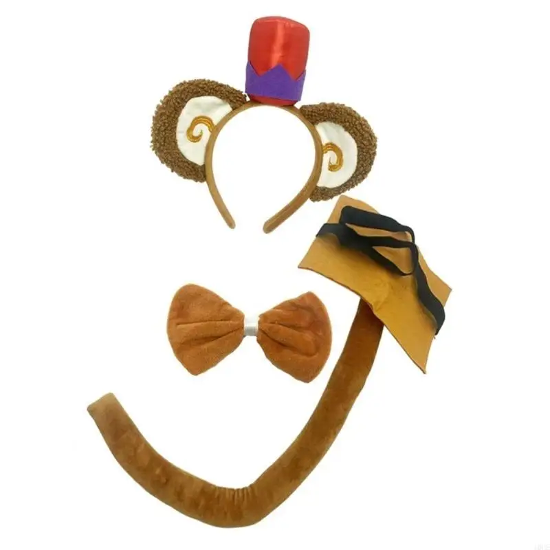 Monkey Cosplay Accessories Set Faux Hair Ears Hairband Bowtie and Tail for Halloween Party and Costume Event 