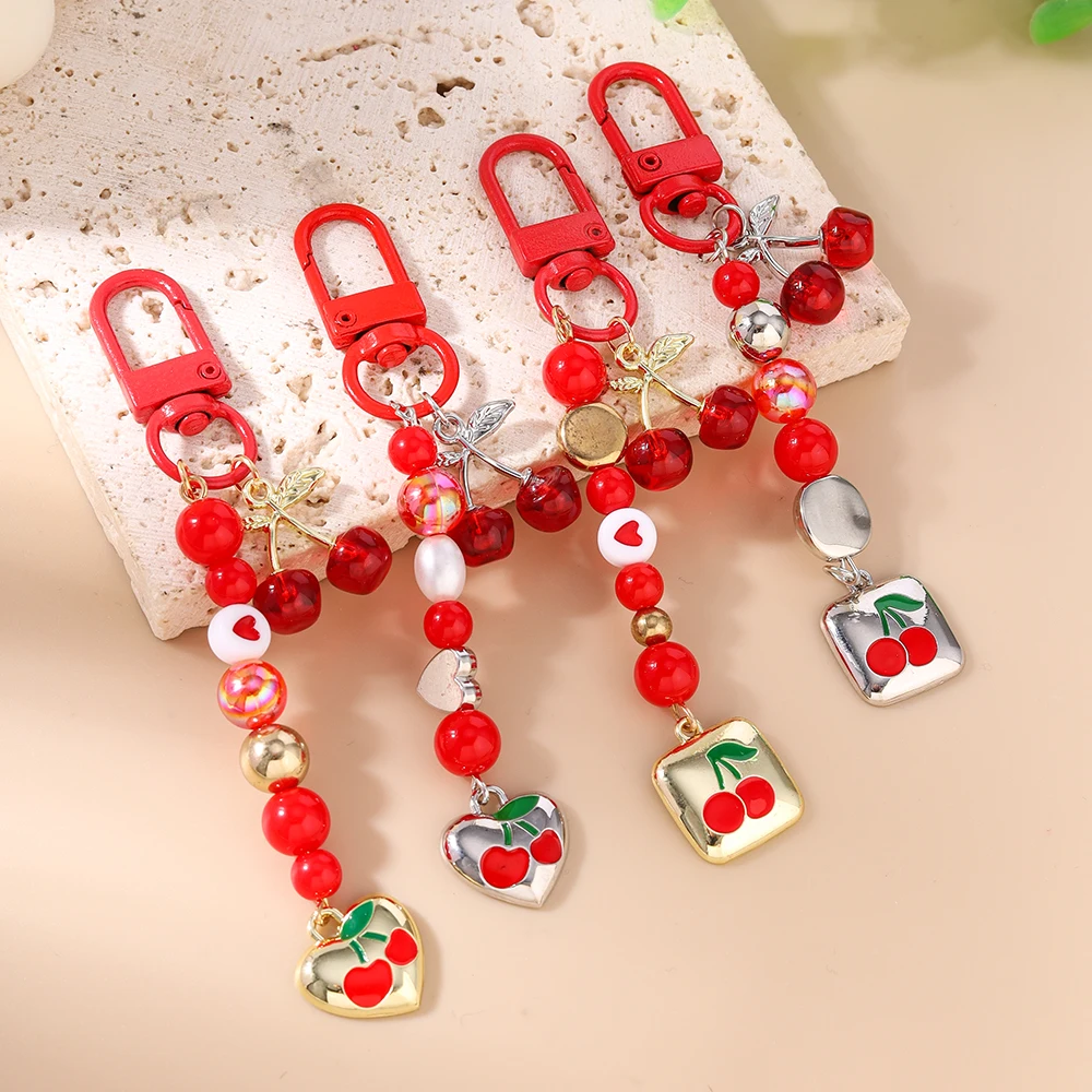 かわいいクリスタルチェリーキーホルダー女性女の子ビーズキーリングペンダントハンドバッグの装飾 DIY キーチェーンジュエリーギフト