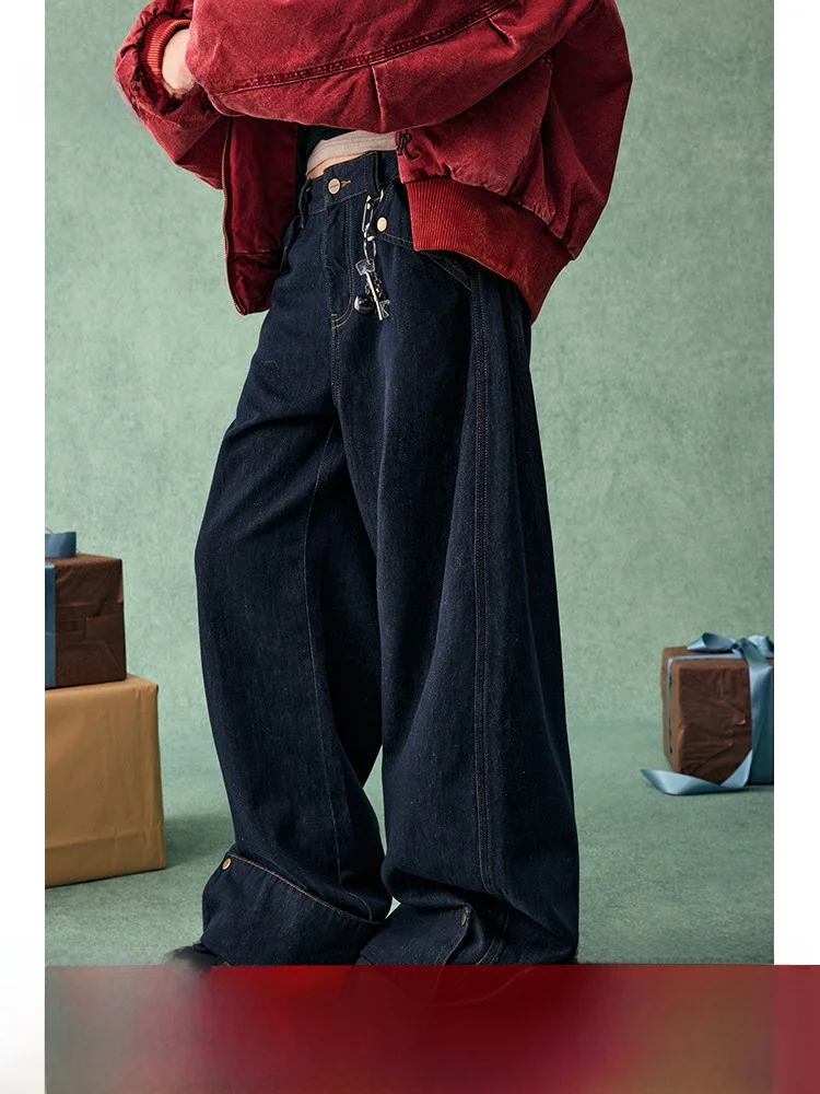 

BeerBro American Sle Casual Low Waist Wide Leg Jeans Women's Autumn Winter Loose Slimming Casual Pants Original Bull Color