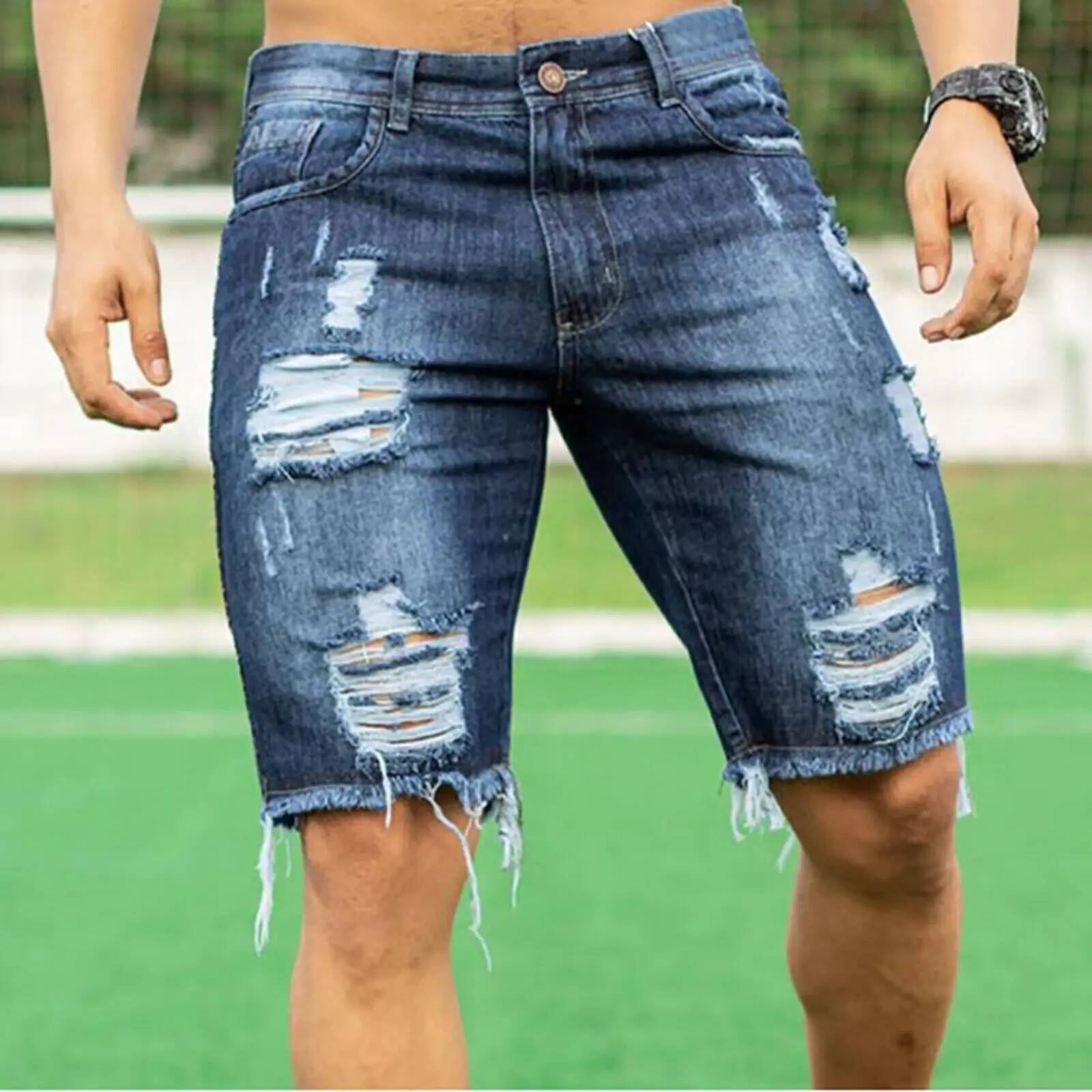 European American Slim Fashion Jeans Mens Shorts Denim Pants Streetwear Knee Length Ripped Jeans