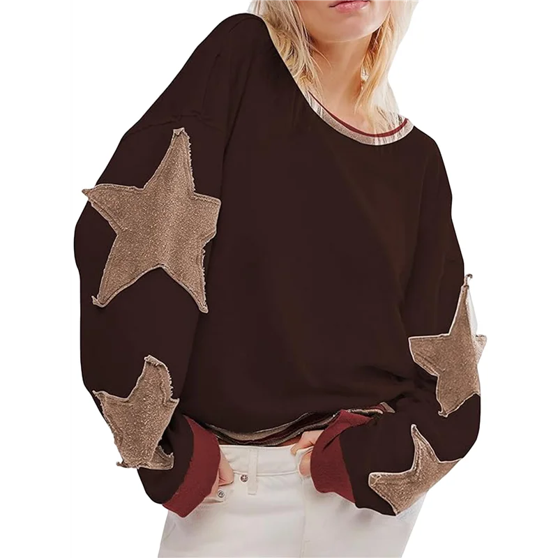 

Women Oversized Cotton Long Sleeve Shirts Tops Star Crewneck Pullover Y2K Fall Winter Grunge Clothes-A55G