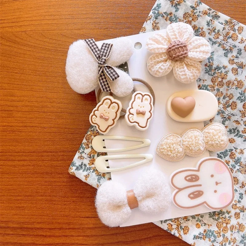 9Pcs/Set Korean Cartoon Baby Hair Clips Cute Plush Bear Rabbit Hairpin Knitting Flower Bow Girls Barrettes Kids Hair Accessories