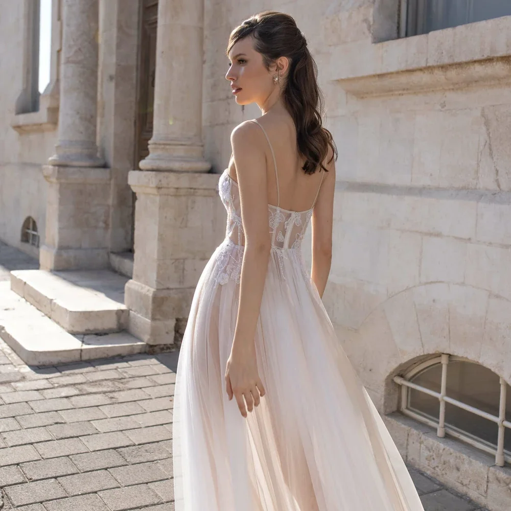 Sexy Spaghetti Straps Wedding Dresses Customized Sweetheart Neck Sleeveless Bridal Grown Applique Tulle A Line Vestidos De Novia