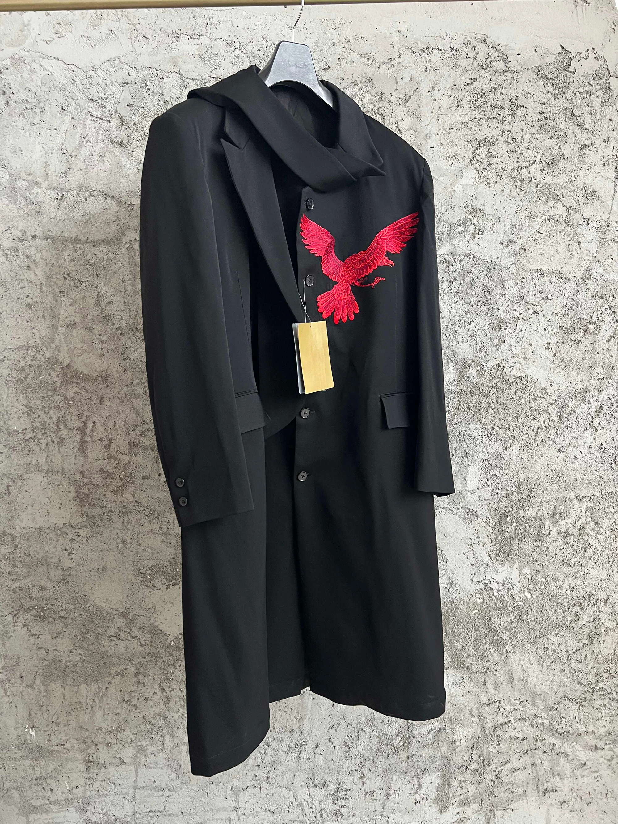 معطف مزدوج من TOP-YAMAMOTO مطرز بالغراب الأحمر، صوف، كاجوال وفضفاض #2