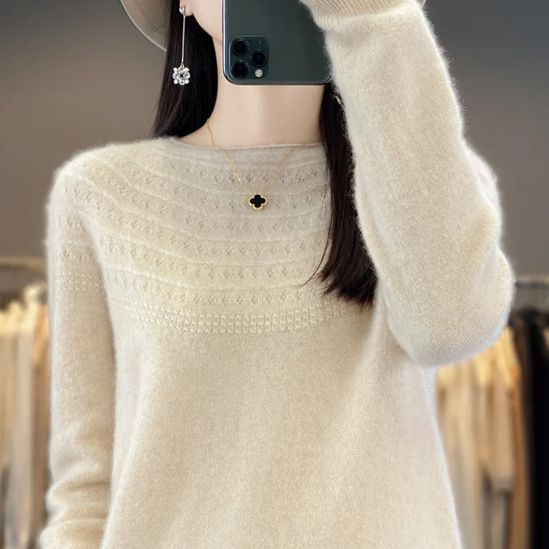 Autumn and winter new ladies 100% pure wool knitted O-neck solid color long sleeve loose slim fashion Joker pullover