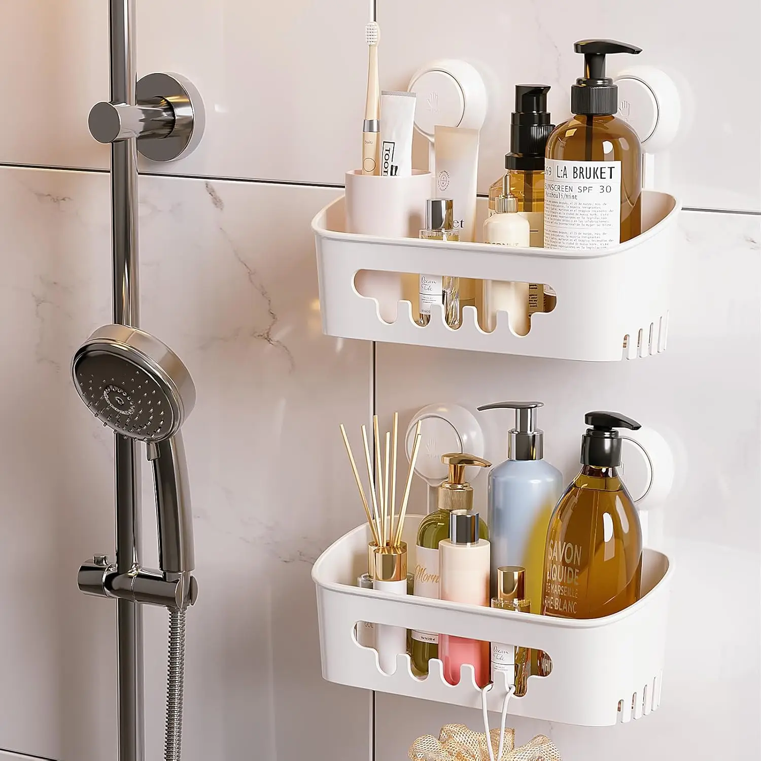 Shower Caddy Suction Cup 2 Pack Heavy Duty Modern Eco-Friendly Removable Shelves Waterproof Plastic Storage Bathroom Organizer
