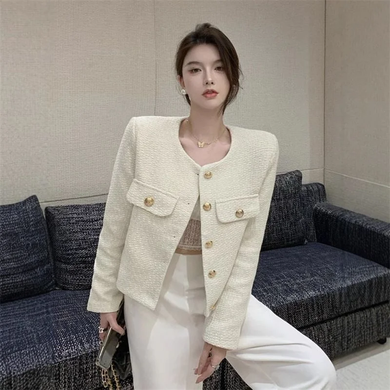 2026 Women Advanced Round Neck Short Coat Ladies Fashion Solid Color Top  Outwear Spring Autumn Femme Long Sleeves Tweed Jacket