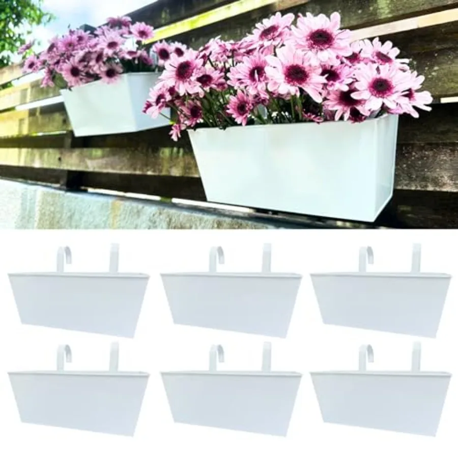 

LaLaGreen Outdoor Rail Planter 6 Pack, 16 Inch Large White Metal Strawberry Wall Hanging Planters, Balcony Deck Railing Fence S