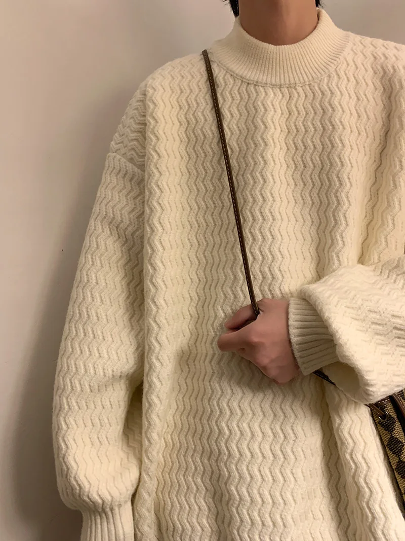 

Мужской свитер оверсайз из высококачественного трикотажа с высоким воротом, однотонный белый, зимний, повседневный, в стиле «lazy chic», класса люкс