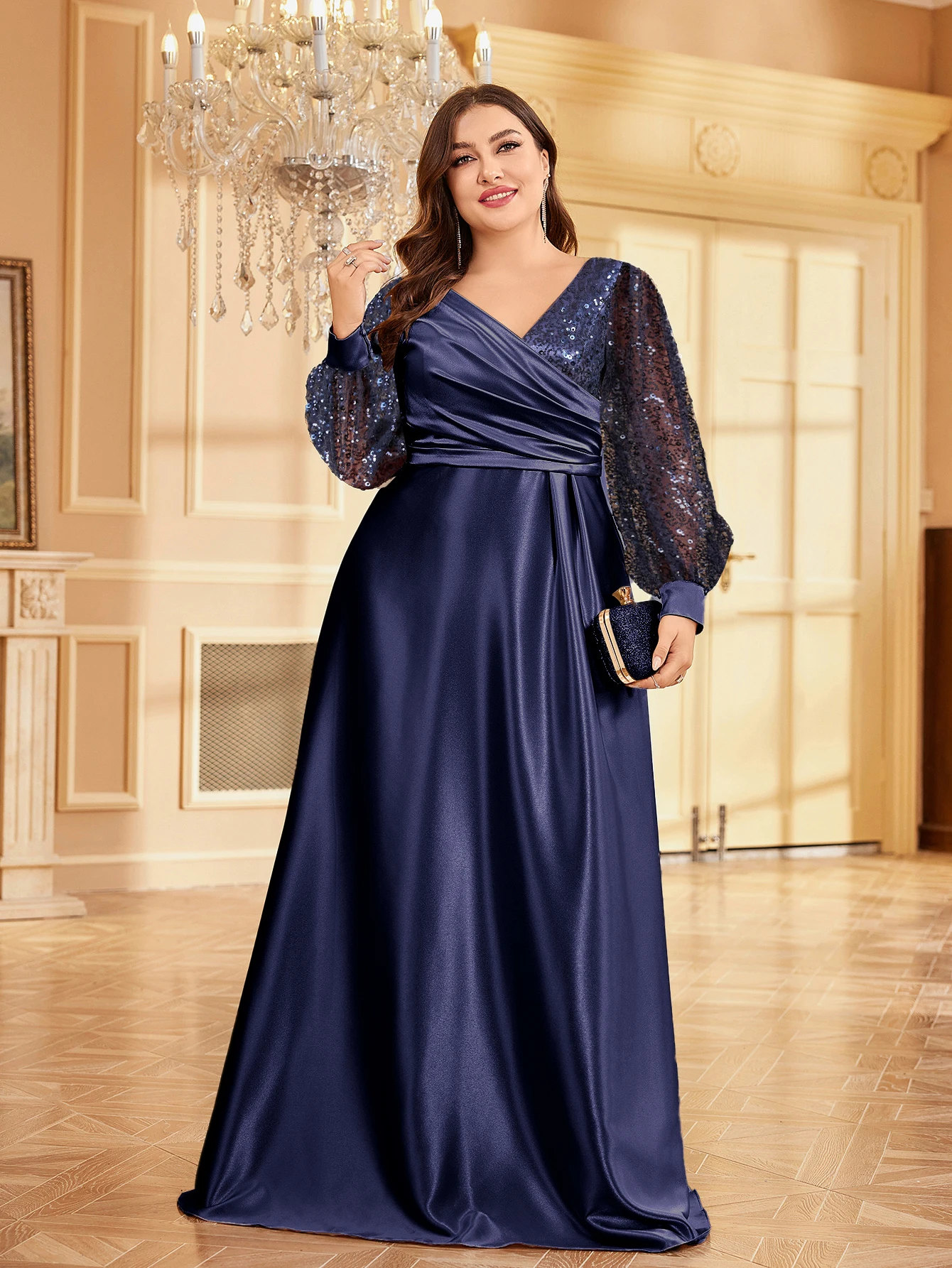 XUIBOL Luxurious Sequin Satin Evening Gown, Party Long Sleeve Plus Size V-neck Dress