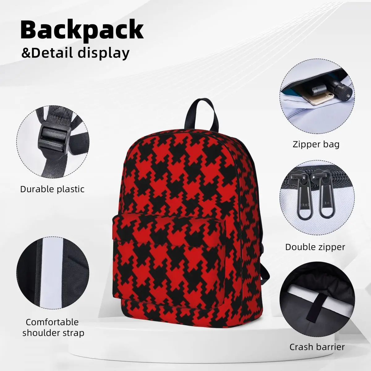 Black Red Houndstooth Backpack Student Check Print Durable Backpacks Polyester High School Bags Daily High Quality Rucksack