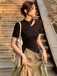 T-shirts Women Solid Creativity Hollow Out Attractive Streetwear O-Neck Chinese Style Retro Summer Asymmetrical Elegant Casual