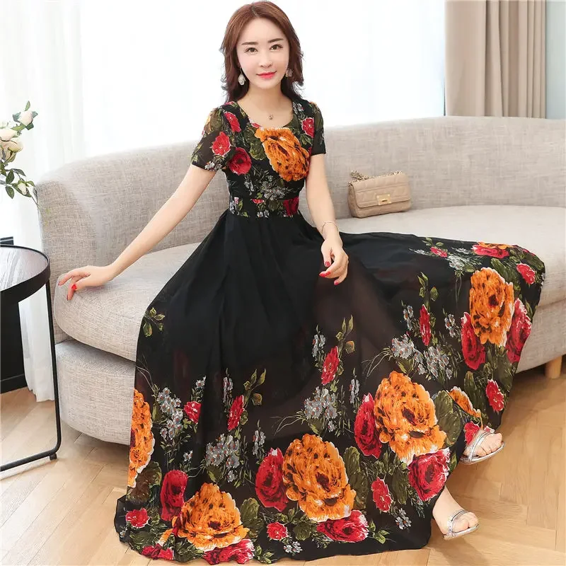 Sexy Women 2024 Summer Boho Maxi Club Dress Flower Printed Chiffon Long Party Robe Longue Femme Vestidos Y2k W202