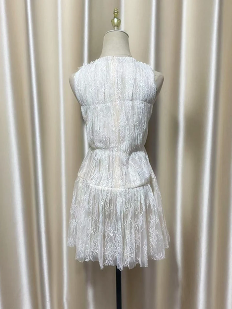 고품질 3D 나비넥타이 레이스 드레스 봄 여성 민소매 지퍼 슬림 숏 드레스 여름 하이웨이스트 솔리드 레이스 미니 드레스