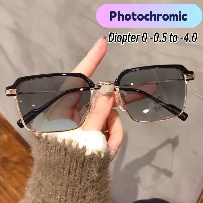 Women Trendy Photochromic Myopia Glasses Anti-blue Light Color Changing Sunglasses Minus Diopter Eyeglasses Near-sighted Eyewear