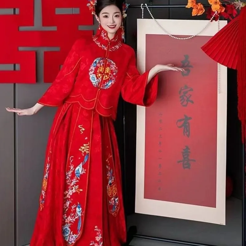 

Chinese Red Stand Collar Floral Printed Long Sleeved Hanfu Top Horse Face Skirt Women 2024 Fashion Bride Wedding Xiuhe Dresses